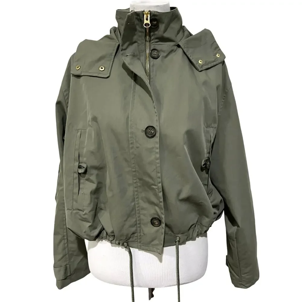 Womens Cropped Utility Jacket Sz M Cargo Coat Hood Pockets Green Adjustable H&M - Picture 2 of 9